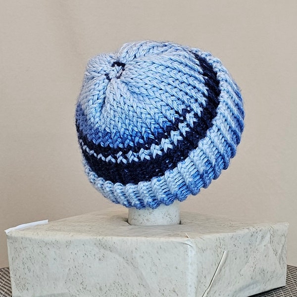 Baby Hat, Blue Double Knit Reversible Beanie Cap, Baby Shower Gift, New Parent Gift, Fall Baby Hat, Winter Wear, Saturday Blue Jeans Stripes