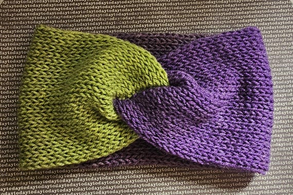 Cozy Knit Twist Headbands - Purple duo Knit Twist Headband, Cozy Ear Warmer Turban in Colors of  main image 2