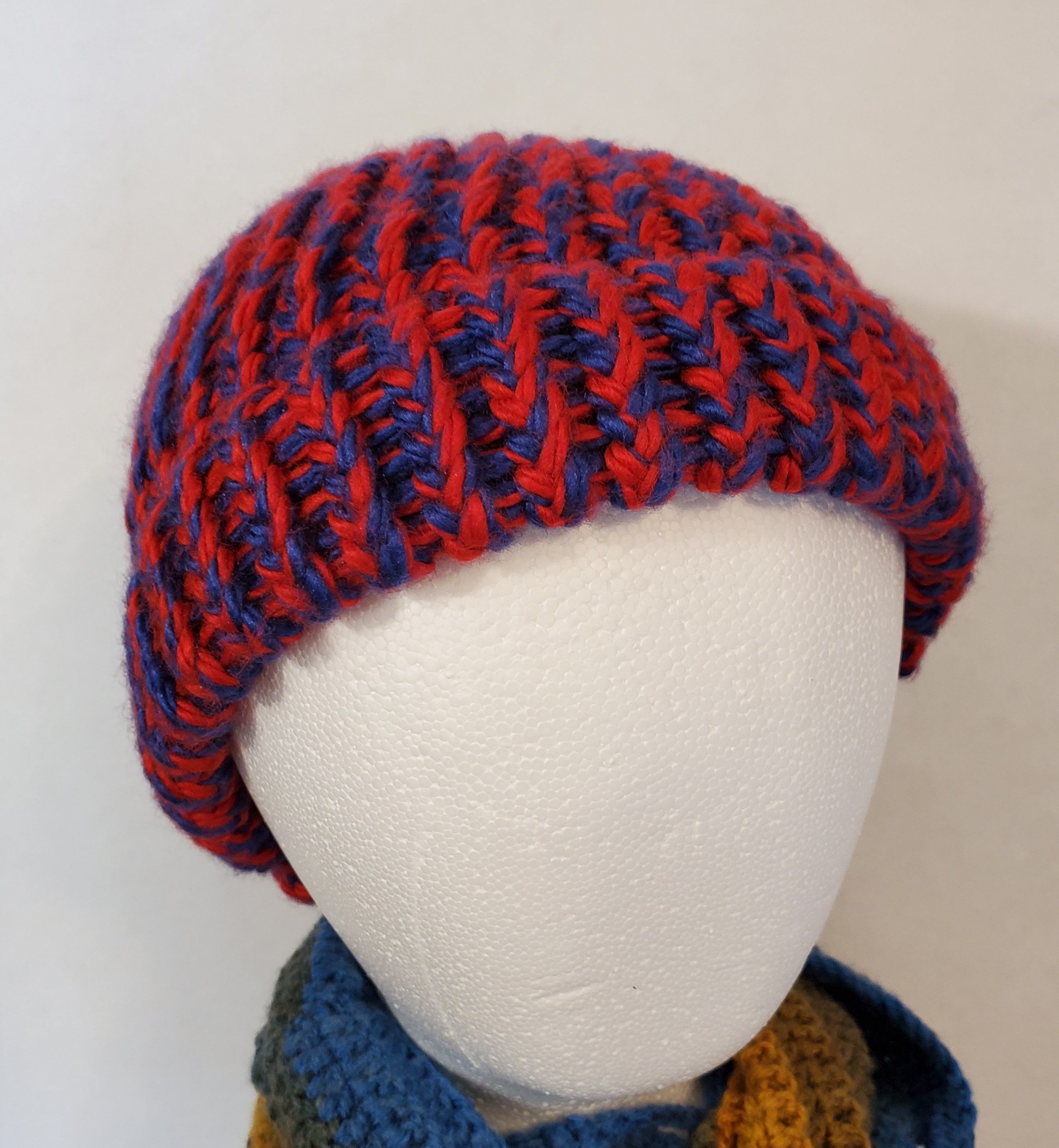 Red and Blue Knit Beanie Hat With Brim Super Soft Thick Etsy UK