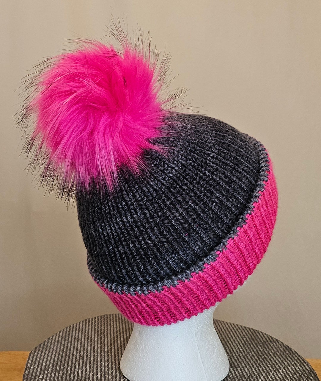 Winter Beanie With Hot Pink and Black Pom Pom, Shades of  display picture 3