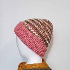 Double Knit Reversible Beanie, Warm Hat, Winter Toque, Pink Camouflage and Light Raspberry Pink Colors, Ready to Ship
