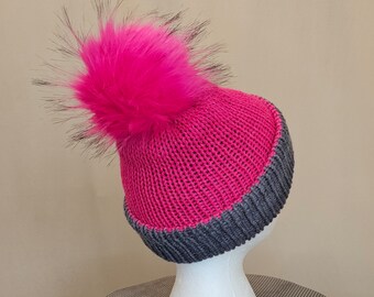 Bonnet d'hiver avec pompon rose vif et noir, nuances de rose et de gris, double maille, pompon réversible, amovible
