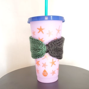 Knit Cinched Coffee Cup Cozy, Green Black Mug Hug fits 24oz Cups, Cup Not Included, 2 Color Hand Knit Cup Sleeve
