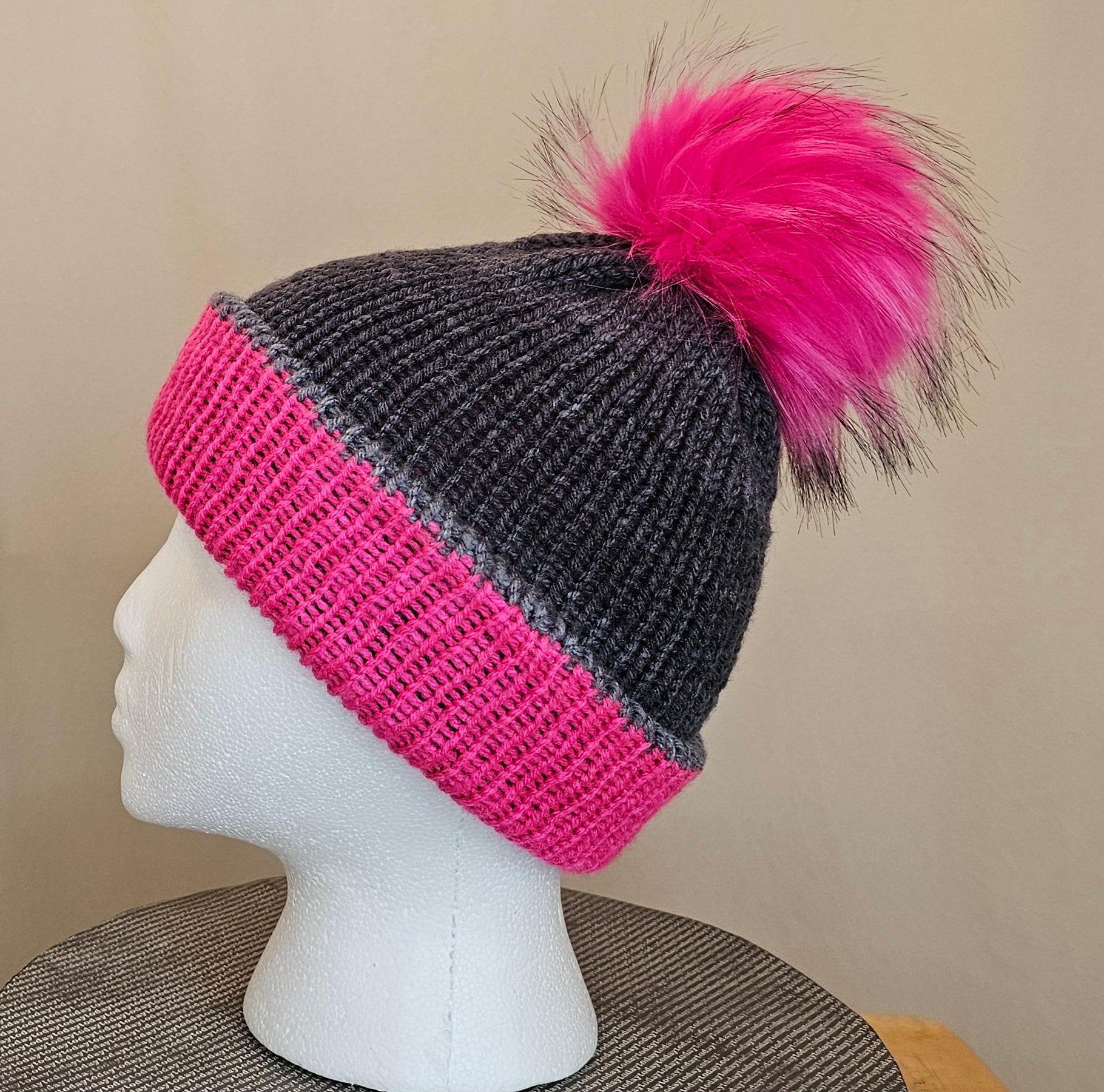 Winter Beanie With Hot Pink and Black Pom Pom, Shades of  display picture 2