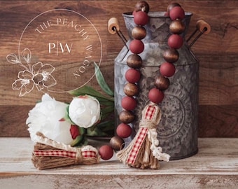Farmhouse Wooden Bead Garland | Matte Burgundy, Dark Walnut, Tassels, Tiered Tray Decor