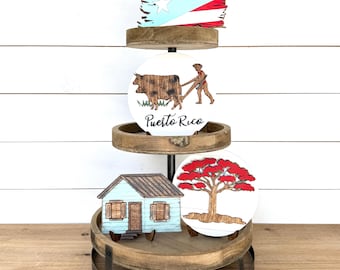 Handmade Puerto Rico Tiered Tray Decor: Casita Jibara, Flamboyant Tree, Bueyes Wooden Accents