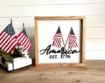 Farmhouse Patriotic Wood Sign | America EST 1776, American Flags