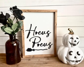 Hocus Pocus Modern Farmhouse Halloween Wood Sign with Witch's Broom