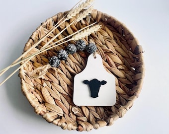 Farmhouse Angus Cow Hanger | Cattle Ear Tag Decor, Rustic Beaded Garland, Steer Head Accent