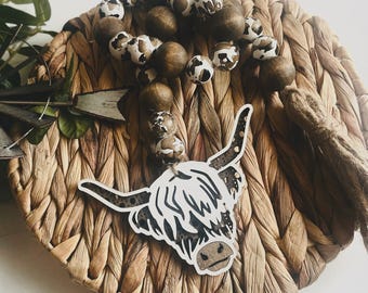 Rustic Farmhouse Highland Cow Rattan & Wood Beaded Garland | Boho Country Décor with Tassel