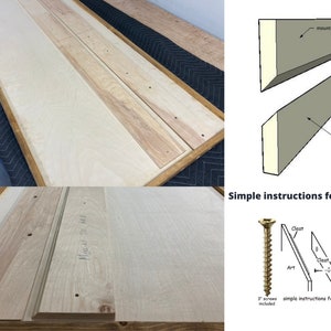 May include: A close-up of a wooden panel with a simple hanging system. The panel is made of light wood and has a natural finish. The hanging system consists of two cleats that are attached to the back of the panel. The cleats are designed to be mounted to a wall stud or a wall-mounted panel. The image also includes a diagram showing how to install the hanging system.