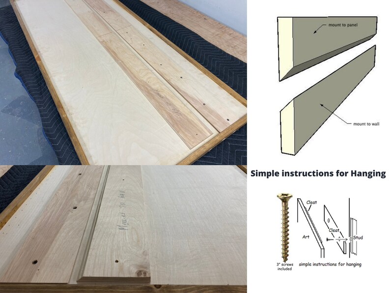 May include: A close-up of a wooden panel with a simple hanging system. The panel is made of light wood and has a natural finish. The hanging system consists of two cleats that are attached to the back of the panel. The cleats are designed to be mounted to a wall stud or a wall-mounted panel. The image also includes a diagram showing how to install the hanging system.