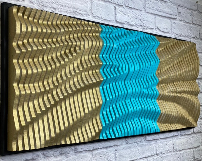 LARGE Gold & Blue Wood Wall Art, Wooden Sculpture, Parametric Wood Decor, 3D Wood Wall Art, Parametric Wood Decor, Gift Idea, FREE SHIPPING!