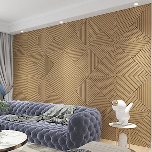 May include: A living room interior with a grey tufted sofa, a small round table, and a white bird sculpture on a side table. The wall behind the sofa is covered in a geometric pattern of brown wood panels.