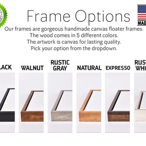 May include: Five different frame options for canvas artwork. The frames are made of wood in the colors black, walnut, rustic gray, natural, espresso, and rustic white.