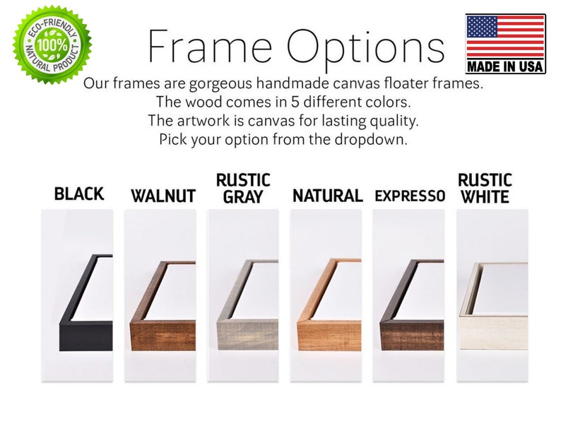 May include: Five different frame options for canvas artwork. The frames are made of wood in the colors black, walnut, rustic gray, natural, espresso, and rustic white.
