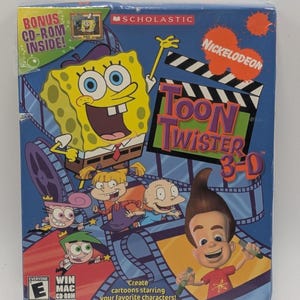 May include: A blue Nickelodeon Toon Twister 3-D software box featuring SpongeBob SquarePants, Angelica Pickles, Tommy Pickles, Cosmo, Wanda, and Jimmy Neutron. The box includes a Scholastic logo, an ESRB Everyone rating, and text stating Bonus CD-ROM Inside and Create cartoons starring your favorite characters.