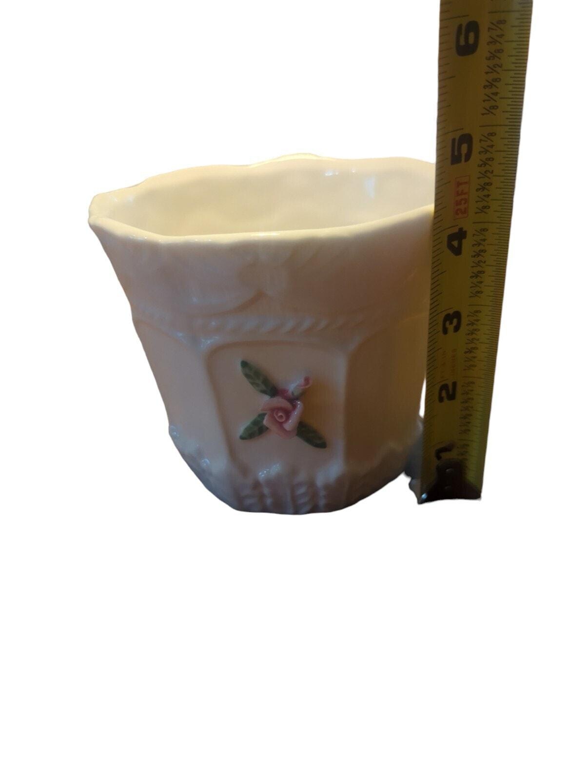 Vintage Porcelain Planter Pot Applied Ceramic Pink Roses White Bloom ...
