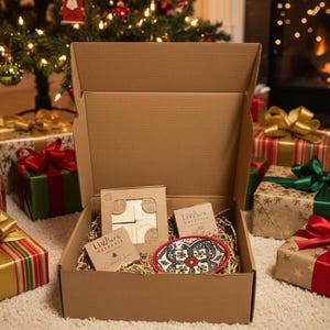 Pode incluir: Uma caixa de cartão castanha cheia de presentes, incluindo um prato oval decorativo e caixas pequenas. A caixa está rodeada de presentes embrulhados com fitas, e uma árvore de Natal com ornamentos e luzes está no fundo.