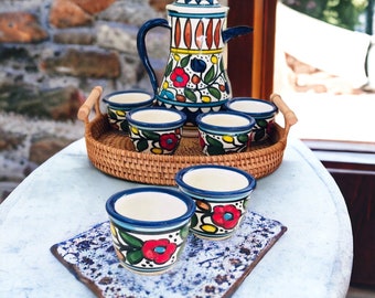 6 Coffee Cups with with plates and 1 coffee pot Dallah, coffee serving