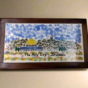 The Holy City - Jerusalem  | Hand-Painted Ceramic Tile with Olive Wood Frame