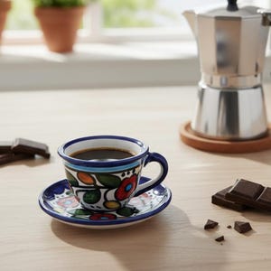 Taza de café árabe palestina hecha a mano / Taza de espresso de cerámica con diseño de rosa de jardín de Hebrón