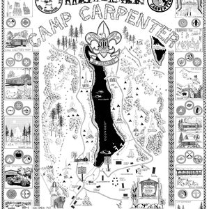 May include: Black and white illustrated map of Camp Carpenter, featuring a lake, buildings, and surrounding landscape. The map includes the text "Camp Carpenter" and various labeled locations, with the text "Ron Comeau 1963" at the bottom.