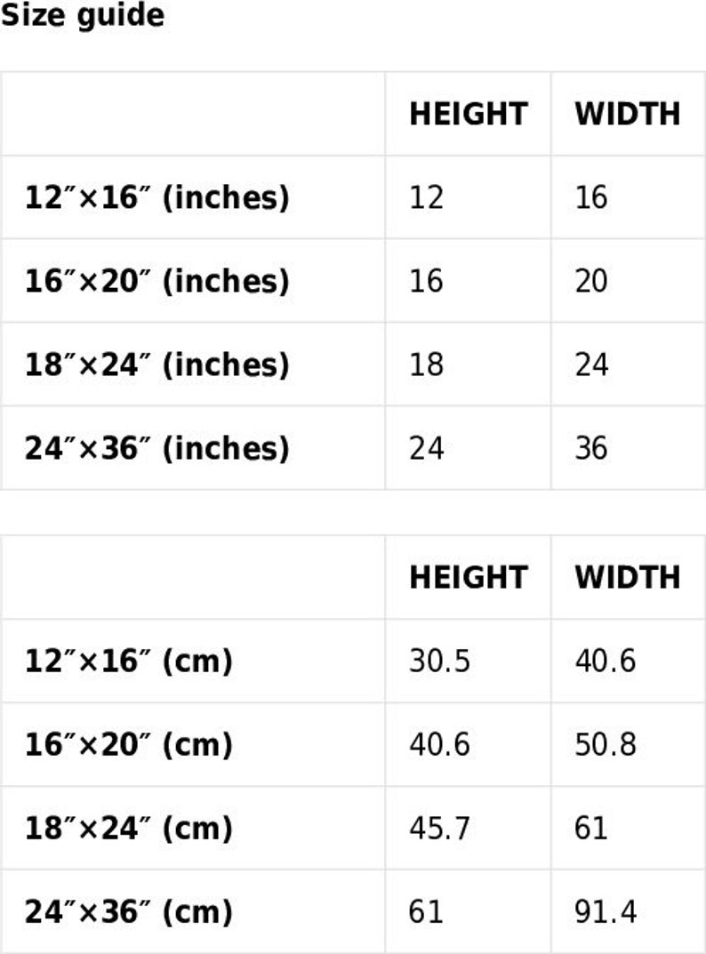 May include: Size guide chart showing canvas print dimensions in inches and centimeters. Sizes include 12"x16" (30.5 x 40.6 cm), 16"x20" (40.6 x 50.8 cm), 18"x24" (45.7 x 61 cm), and 24"x36" (61 x 91.4 cm).