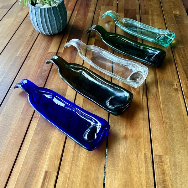 Recycled Glass Arch Neck Wine Bottle, Slumped Tray, Serving Dish, Spoon Rest, Candy Dish, Repurposed, Unique, Melted, Decorative, Eco Gift