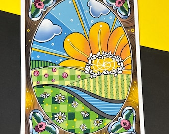Floral Sunshine Landscape Art Print: Patchwork Fields Illustration A5
