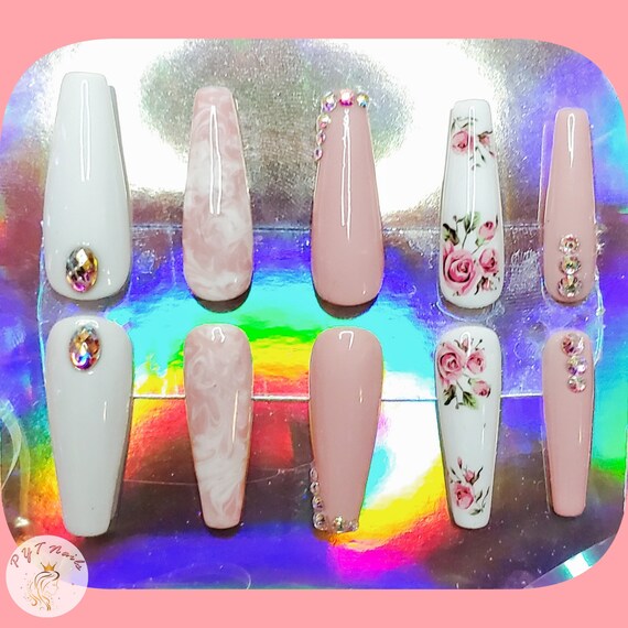Pink Rose Coffin Nails w/ Glossy Finish