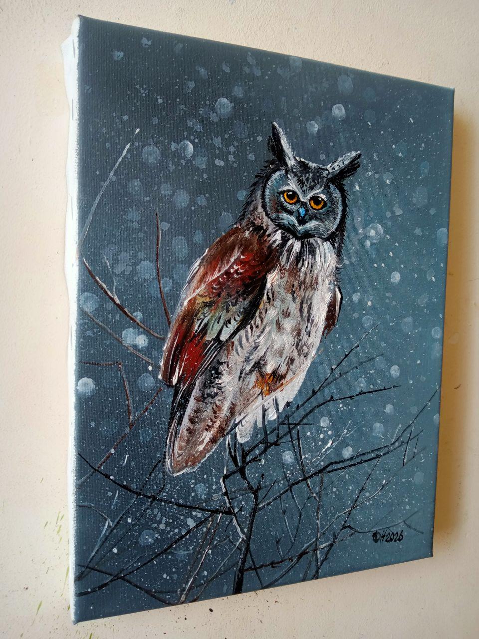 静物画「フクロウ」/油絵/キャンバス/手作り/壁飾り/インテリア