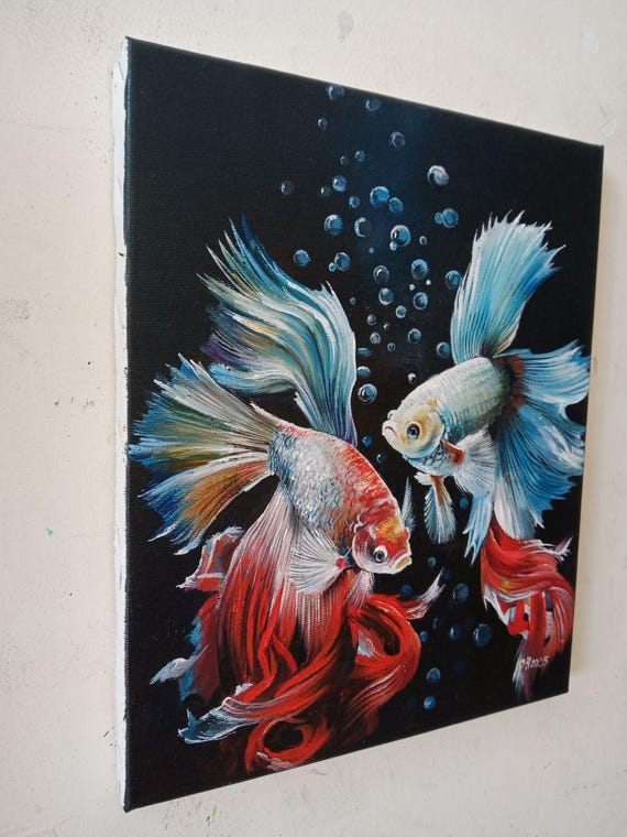 ベタ魚の油絵、手作りキャンバスアート（25 x 30 cm） - Etsy 日本