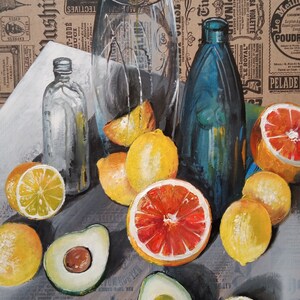 Tableau "Nature morte aux agrumes"/peinture de fruits/huile/papier kraft/décoration murale/design/intérieur/travail manuel/thé/