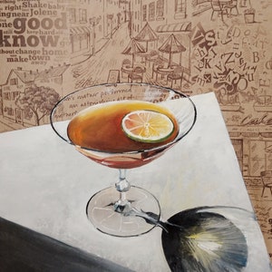 Imagem "Martini com limão"/arte de frutas/natureza morta/óleo/papel kraft/decoração de parede/design/interior/feito à mão/citrus/martini/