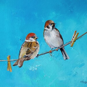 Tableau &quot;Moineaux&quot; / Peinture à l&#39;huile / Toile / Fait main / Décoration murale / Intérieur