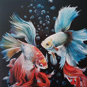 Painting &quot;Beta fish&quot;/Oil painting/Canvas/Handmade/Wall decor/Interior/pond/river/The art of tropical fish/Betta aquarium/Japanese art
