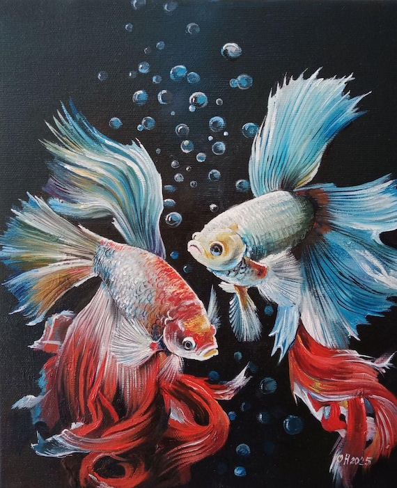 ベタ魚の油絵、手作りキャンバスアート（25 x 30 cm） - Etsy 日本