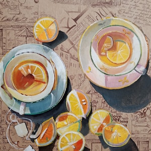 Cuadro "Ceremonia del té"/pintura de frutas/bodegones/óleo/papel kraft/decoración de pared/diseño/interior/hecho a mano/cítricos/té/