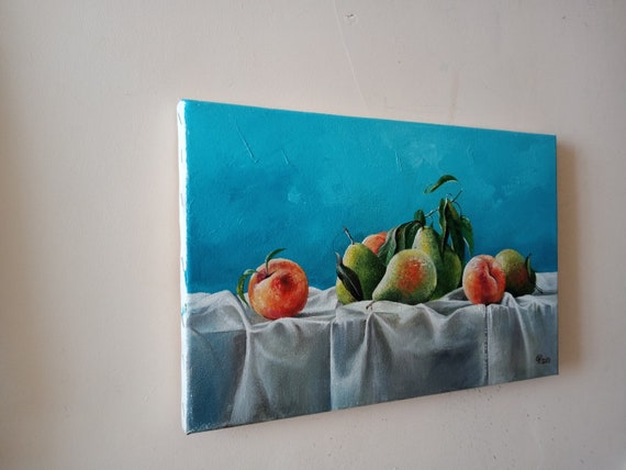 Pear and Peach Oil Painting, Still Life Fruit Art (23x35 Cm) - Etsy