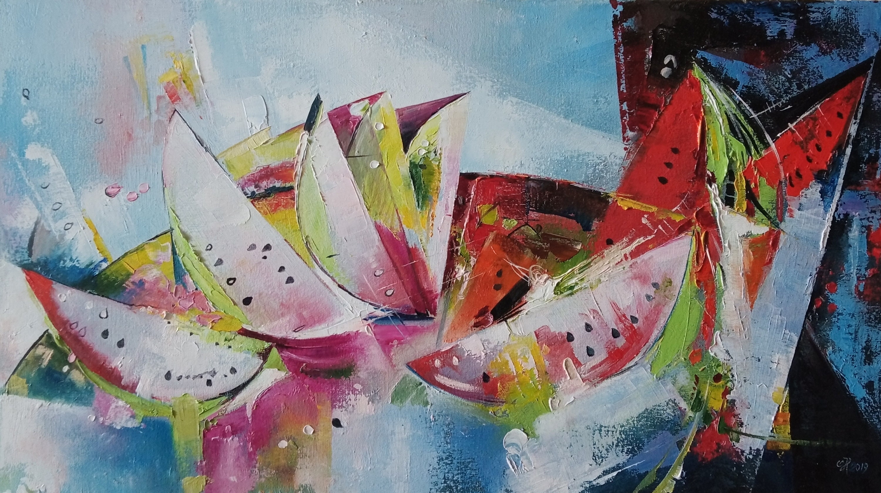 静物画「スイカ」/抽象画/油絵/壁飾り/デザイン/インテリア