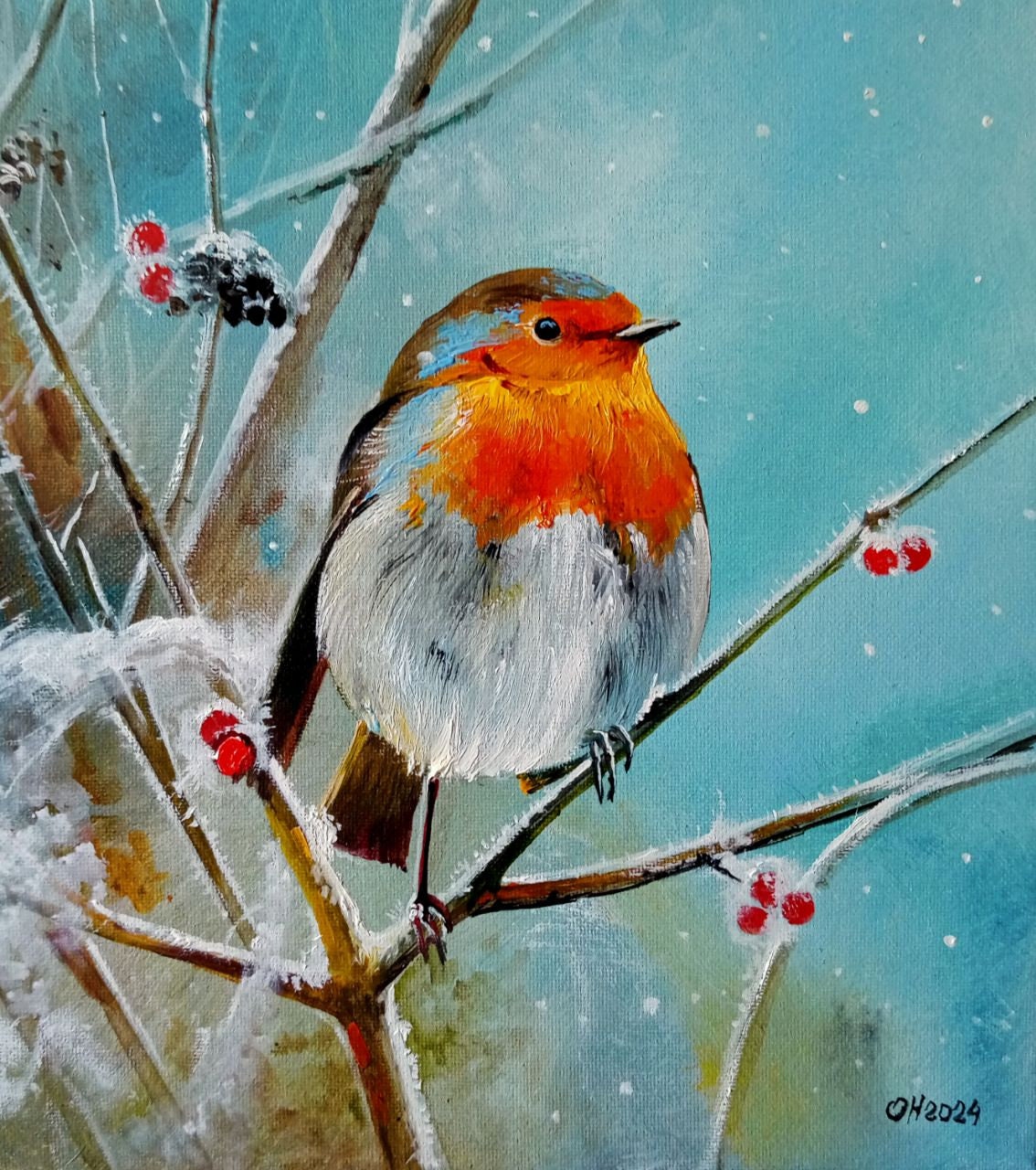 ロビン　油絵 絵画「ロビン」/油絵/キャンバス/ハンドメイド/壁飾り/インテリア