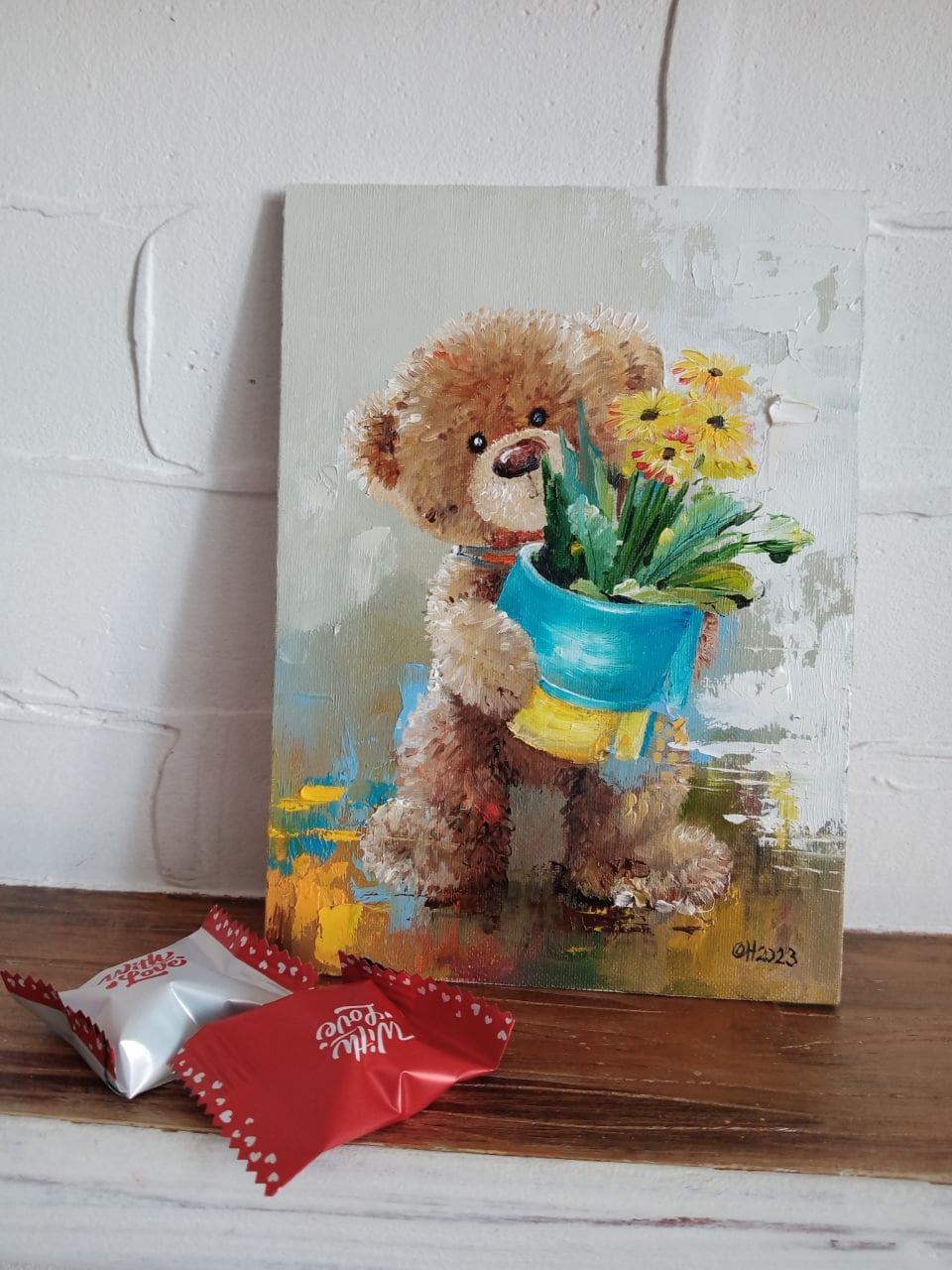 Picture teddy Bear With Flowers art Collection oil painting handmade paintings plush Toys children s Toy wall Decor interior Etsy