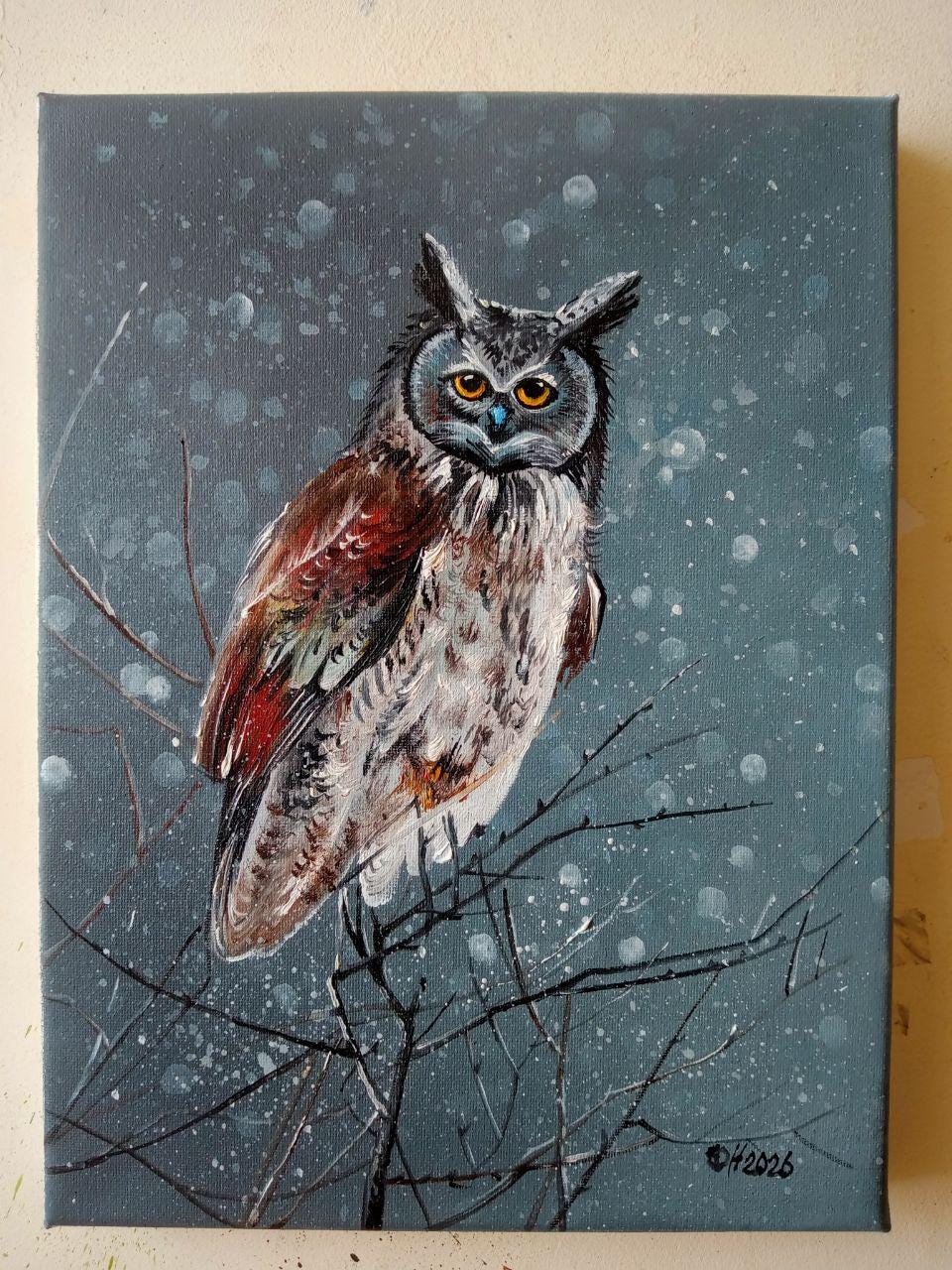 静物画「フクロウ」/油絵/キャンバス/手作り/壁飾り/インテリア