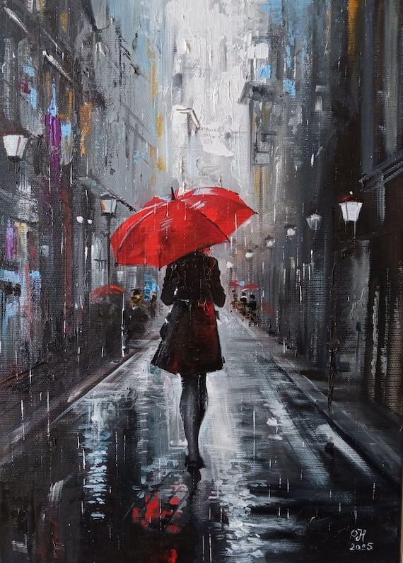 絵画「雨のメロディー」/油絵/キャンバス/ハンドメイド/壁飾り