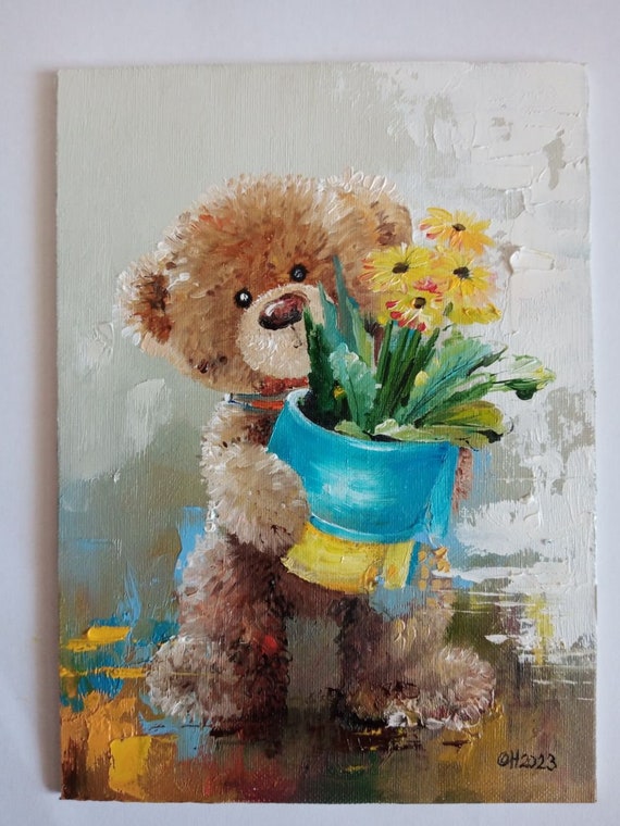 テディベアの油絵、手作りの花のアート、子供用装飾品（18 x 13 cm