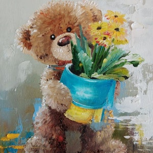 Teddybär mit Blumen/Kunstsammlung/Ölgemälde/Handarbeit/Gemälde/Plüschtiere/Kinderspielzeug/Inneneinrichtung/