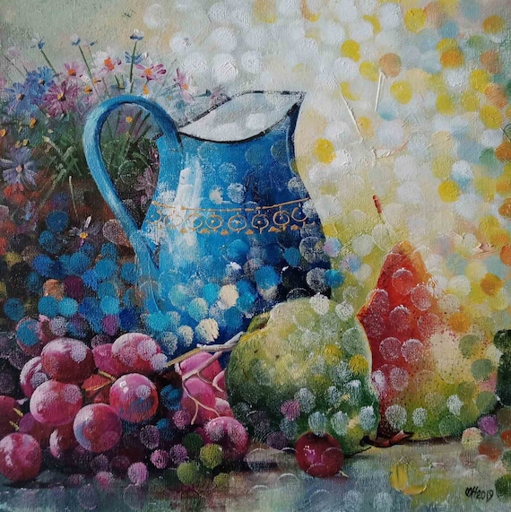 青い水差しの静物画、キャンバスに描かれたオリジナルの油絵、（25 x