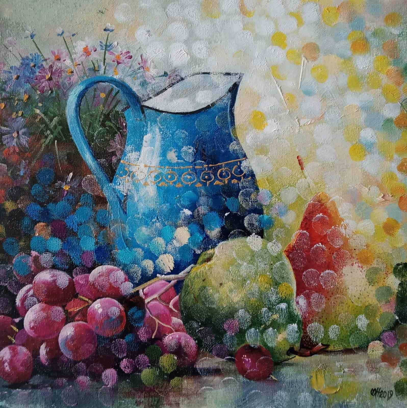 青い水差しの静物画、キャンバスに描かれたオリジナルの油絵、（25 x