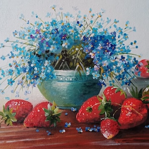 Painting &quot;Forget-me-nots and strawberries&quot;/Oil painting/Canvas/Handmade/Wall decor/Interior/Fruit art/Fruit still life/Fruit painting